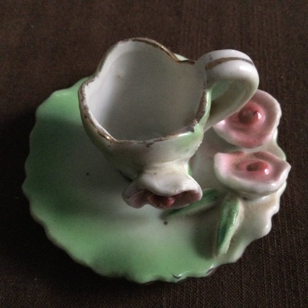 Vintage- miniature/ tiny TEA CUP AND SAUCER- made in Japan-3D pink Flower